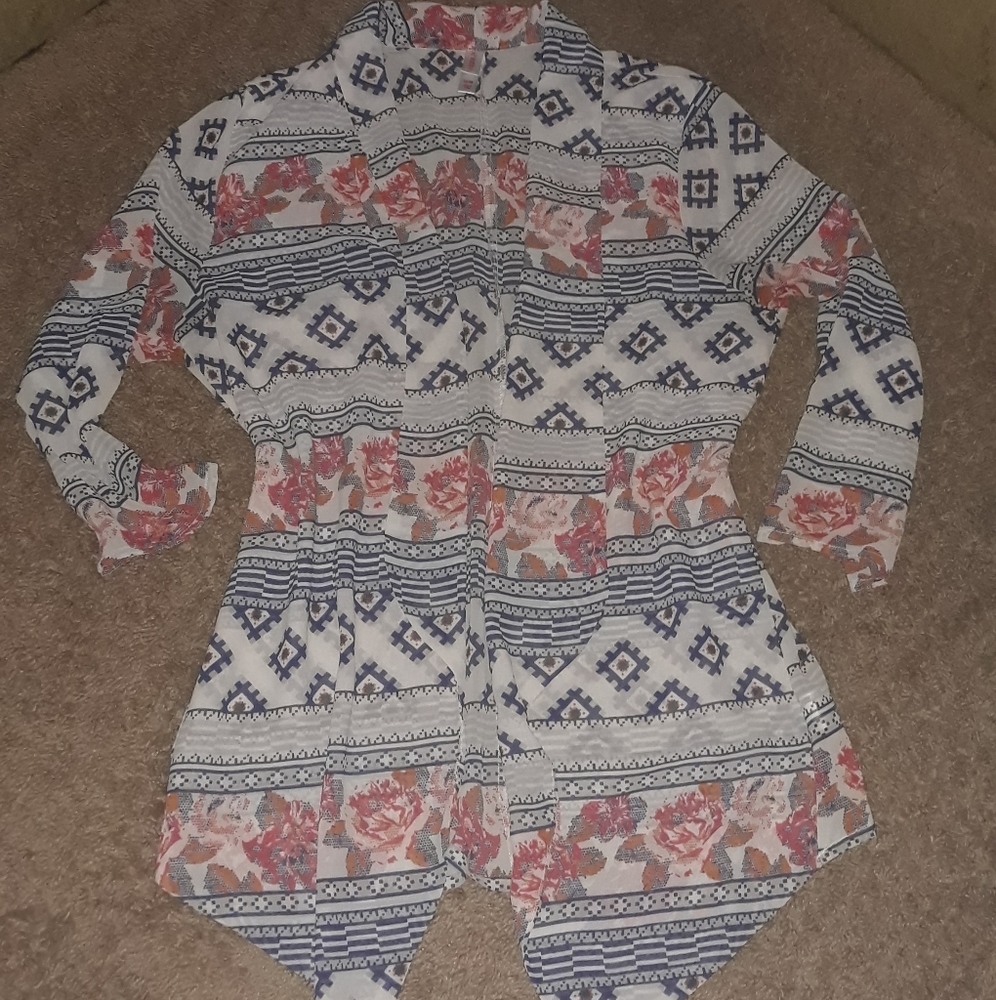 Xhiliration (Size M) Floral & Aztec Semi-sheer Open Cardigan